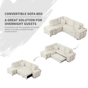 Olodumare 87.7" L-Shaped Sectional Pull Out Sofa Bed Sleeper Sofa,Corner Sofa with Storage Ottoman,2 Throw Pillows,2 Stools,Wireless Charger and Two Hidden USB Ports for Living Room,Small Space,Cream