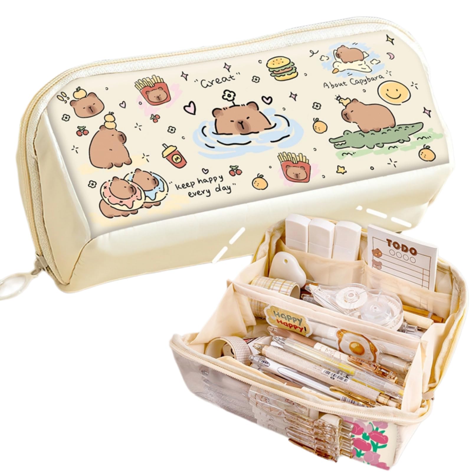 SIORTIO Pencil Pouch Multi-Layer Large Capacity Capybara Print Quirky Fun Cute (Beige-2)