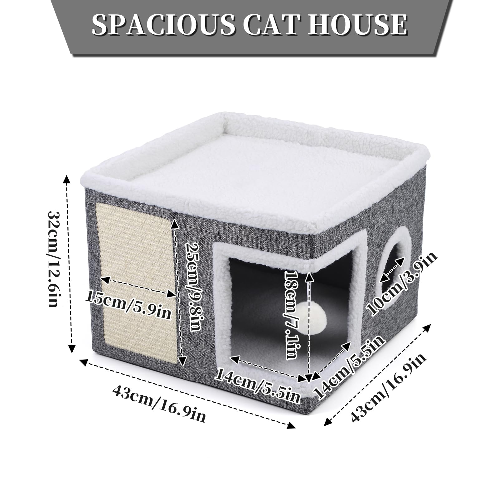 Cat Beds for Indoor Cats, Large Cat Cave with Cozy Condo, Fluffy Hanging Ball, Round Window, Foldable Indoor Cat House Hold Up to 30LBS, Cat Hideaway with Double-Sided Soft Cushions for All Seasons