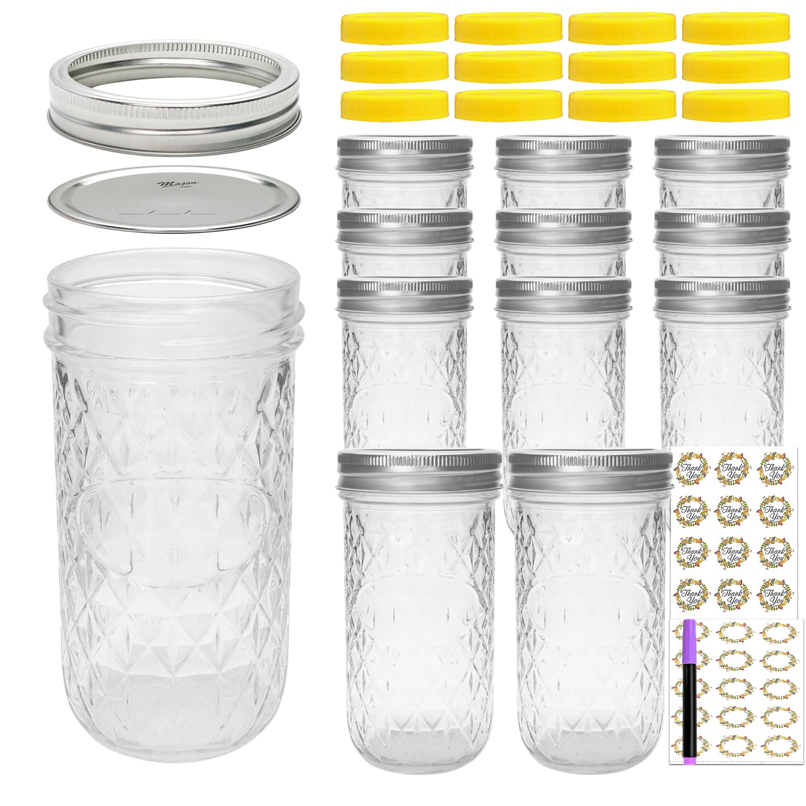 Accguan 12oz Mason Jar,Glass Jars With Regular Lids, Purple Pen, Stickers for Wedding, Party, Baby Shower, Bridal Shower, Birthday,12PCS