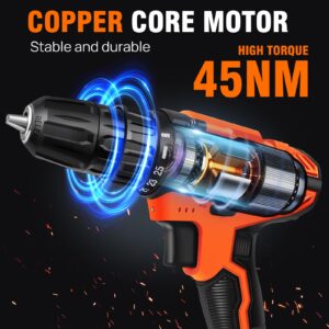 21V Cordless Drill, Electric Power Drill Set with Battery & Charger, 3/8” Keyless Chuck, 2 Variable Speeds, 398 In-lb Torque and 25+1 Position and 29pcs Drill/Driver Bits & LED Electric Drill Set