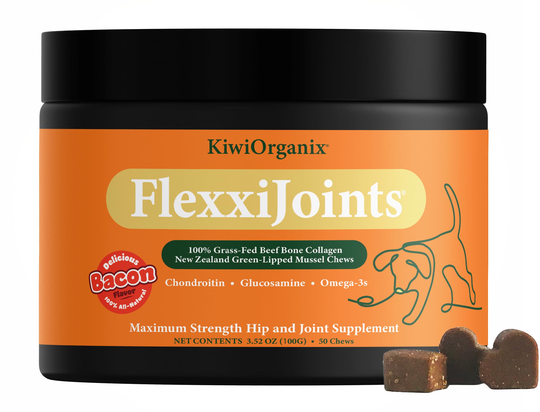 NZorganix FlexxiJoints Hip and Joint Supplement Chews for Dogs, Cats • 100% Grass-Fed Beef Bone Collagen New Zealand Green-Lipped Mussels • 50 Chews