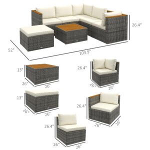 Outsunny Patio Wicker Furniture Set with Cushion, 7 Pieces Outdoor PE Rattan Sectional Sofa with Adjustable Backrest Seat Panel, Acacia Wood Accents, Metal Frame, White