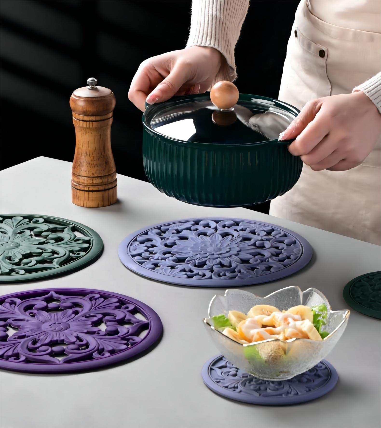 Zoyizi Teal Silicone Trivets for Hot Dishes, Pots & Pans, Round Hot Pads for Kitchen, Silicone Trivet mat for Table Tops, Silicone Pot Holder for Countertops, Heat Resistant Mat, Silicone Mats Set 3