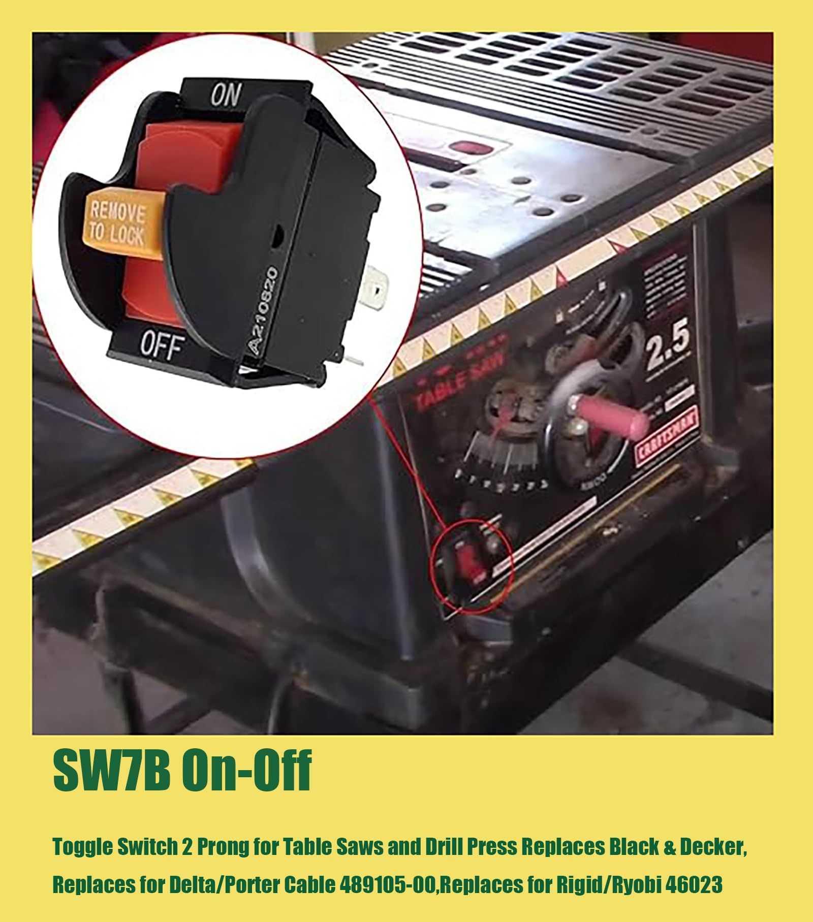 SW7B On-Off Toggle Switch 2 Prong ，Replacment for Delta,Aftermarket Replacment for Ryobi 46023 Delta/Porter Cable 489105-00 438010170141， for Table Saws Drill Press Power Tools Planer Band Saw