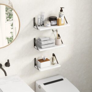 Fun Memories Floating Shelves Wall Mounted Set of 3, 16.5 Inch Natural Wood Wall Shelves, Decor Storage Shelf for Bedroom Bathroom Living Room Office Pictures Plants Books Cats TV (White and Black)