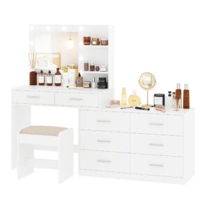 Rovaurx 65" W Makeup Vanity Set with Mirror and 3-Color Lights, Large Vanity Table with 8 Drawers & Side Storage Shelf, Adjustable Width, Bedroom Dressing Table with Stool, for Women, White RSZT109WD