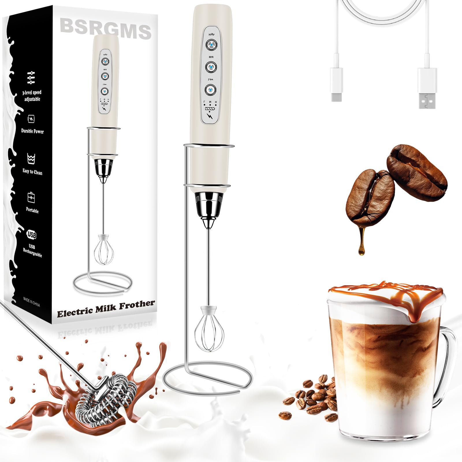 BSRGMS Milk Frother Handheld with Stand, Electric Whisk 3 Speed Adjustable, Drink Mixer with Stainless 3 Whisk, Rechargeable Hand Frother Wand, Foam Maker for Latte Cappuccino Hot Chocolate Egg Beige