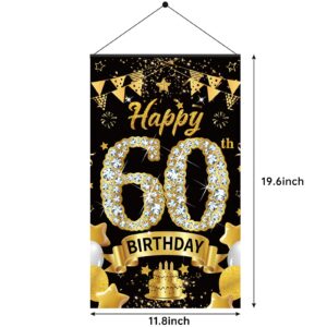 60th Birthday Decorations Door Banner Sign for Men Women, Happy 60 Birthday Door Hanging Party Supplies, Black Gold Sixty Year Old Bday Wall Hanger Decor