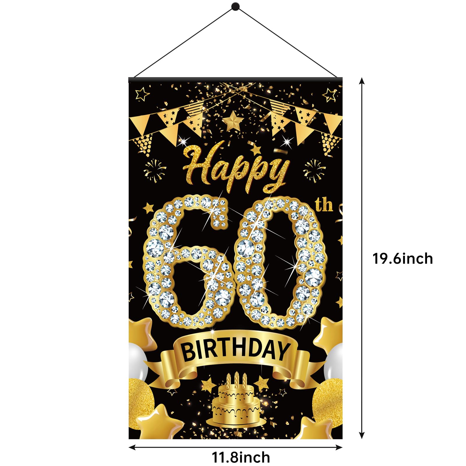 60th Birthday Decorations Door Banner Sign for Men Women, Happy 60 Birthday Door Hanging Party Supplies, Black Gold Sixty Year Old Bday Wall Hanger Decor