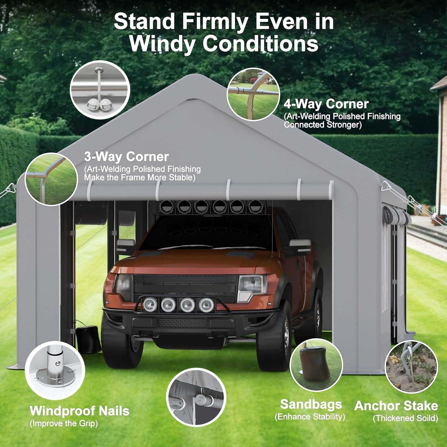 Carport 13'x20' Heavy Duty Portable Garage, 4 Roll-up Doors & 4 Windows Waterproof Carport Canopy for Car Truck Boat, All-Season Tarp,Gray