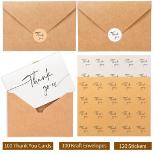 miikoul 100 Pieces Thank You Cards with Kraft Envelopes & Stickers 4x6 Inch Minimalistic Design Bulk Thank You Note for Thanksgiving Day,Baby Shower, Wedding,Business, Doctor,Teachers