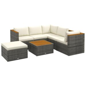 outsunny patio wicker furniture set with cushion, 7 pieces outdoor pe rattan sectional sofa with adjustable backrest seat panel, acacia wood accents, metal frame, white