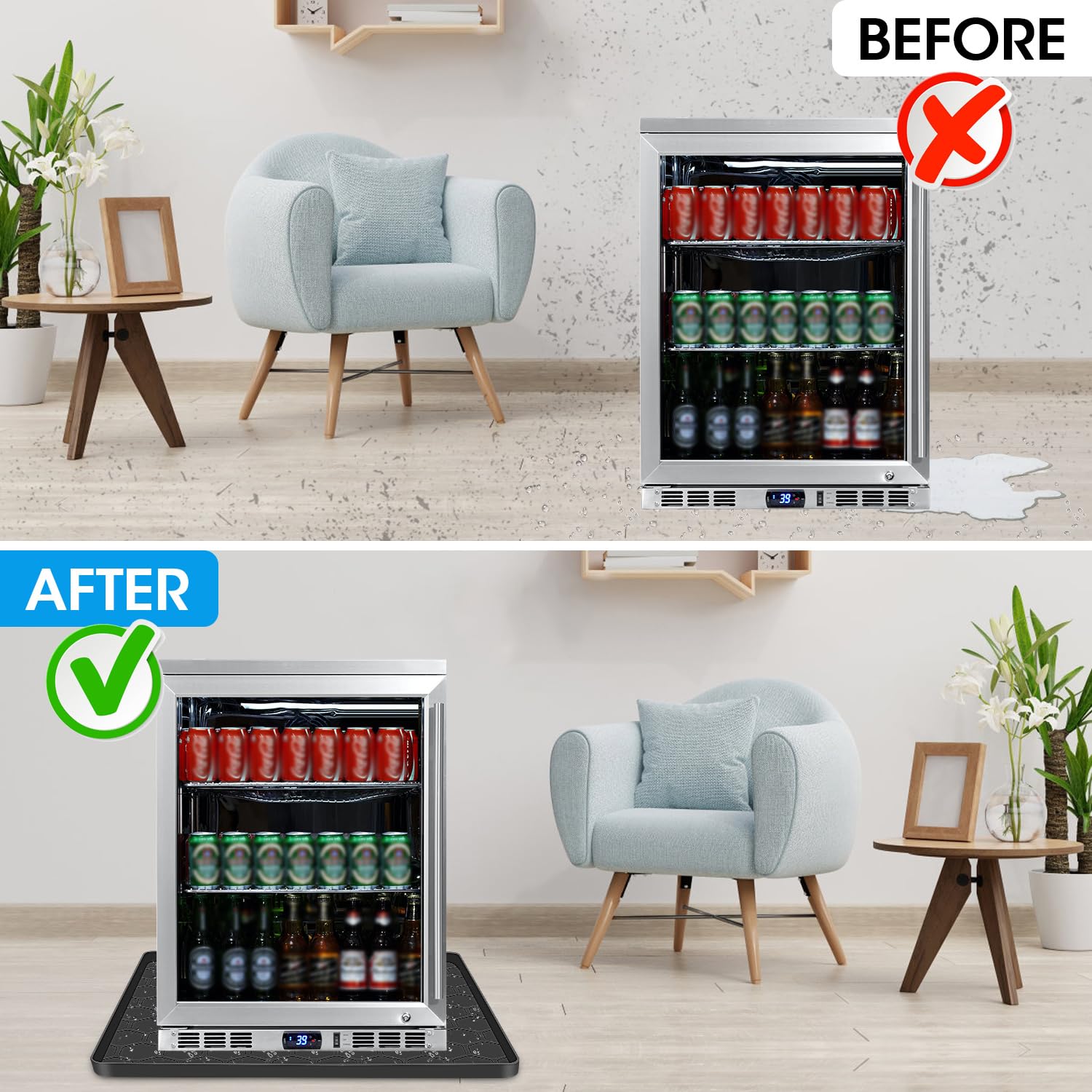 23inch Mini Fridge Silicone Mat with Raised Edge, Refrigerator Floor Protector Mat, Under Small Fridge Mat, Prevent Water Leakage & Floor Damage Protect from Fridge Washing Machine Wine Cooler, Black