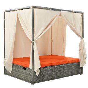 BAMOOLI Outdoor Canopy Bed, Patio PE Rattan Outdoor Chaise Lounge Daybed with Adjustable Seats, Outdoor Sunbed with Four-Sided Canopy, Rattan Sun Lounger Patio Loveseat Sofa Set with Curtains, Orange