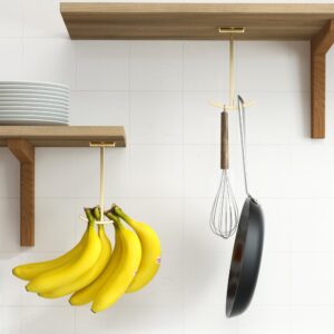 Josmimic Adhesive Banana Hook Under Cabinet: Banana Holder - Banana Hanger - Under Counter Banana Hanger - Folding Banana Hook, Folds Up When Not in Use, Keep Bananas Fresh - Gold - 2 Pack