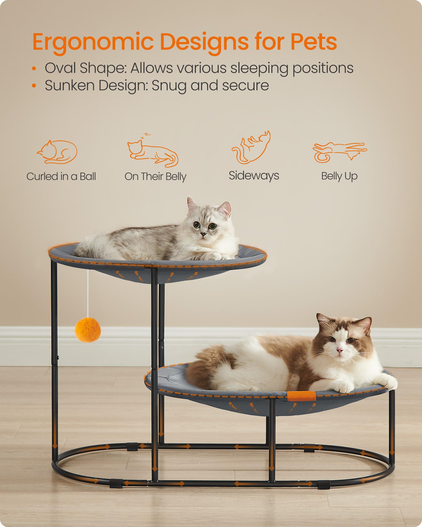 Feandrea Cat Bed, 2-Tier Elevated Cat Bed, Breathable Cat Hammock for Multi-Cat Households, Indoor Cats, with Removable Washable Mesh, Steel Frame, for Summer, Dove Gray UPCB012G01