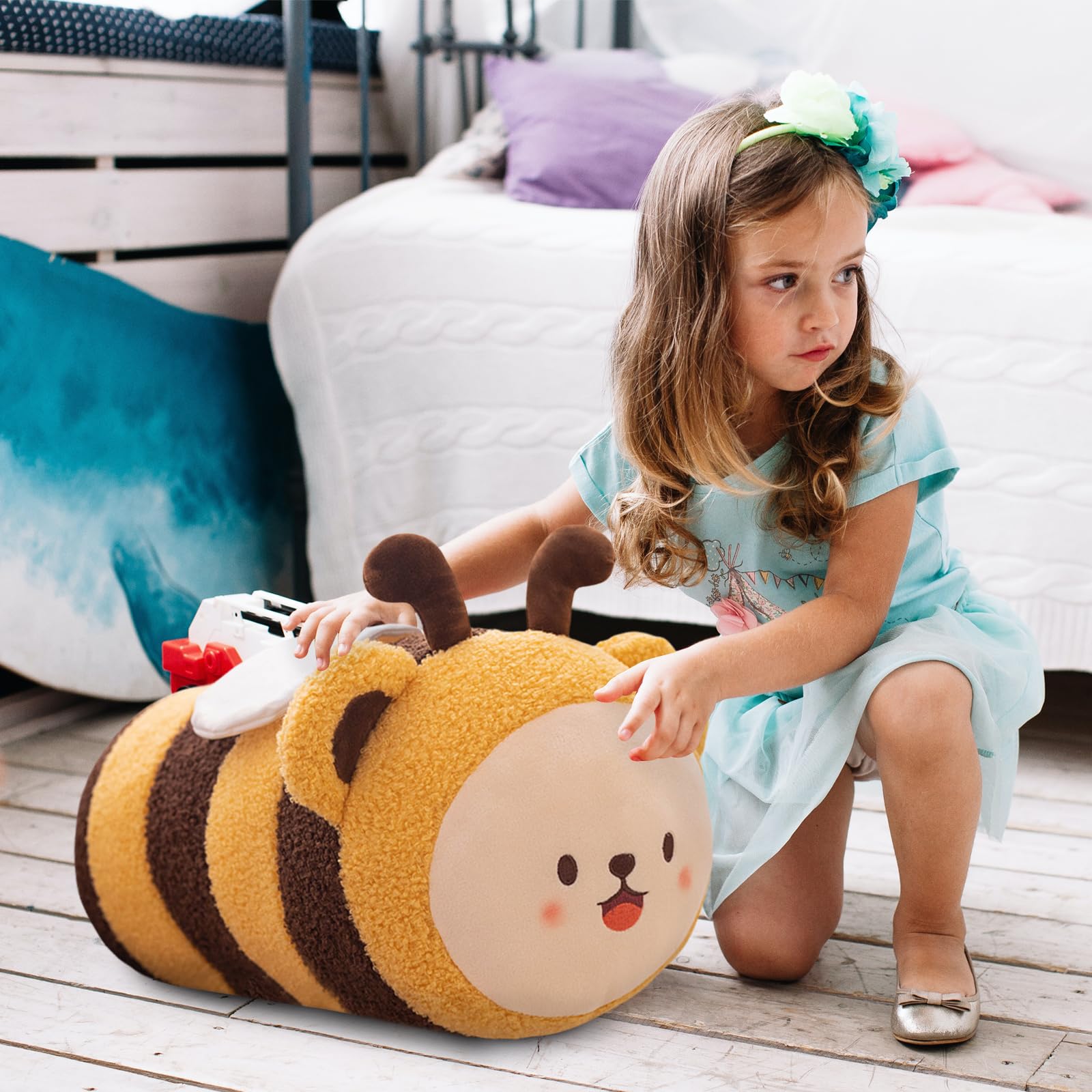 Cute Bee Stuffed Animal Toy Plush Pillow, Kawaii Plushies Cylindrical Body Pillow Stuffed Toy, Super Soft Cartoon Hugging Toy Gifts for Bedding, Kids & Girls Sleeping (Yellow,Small - 11 inch)