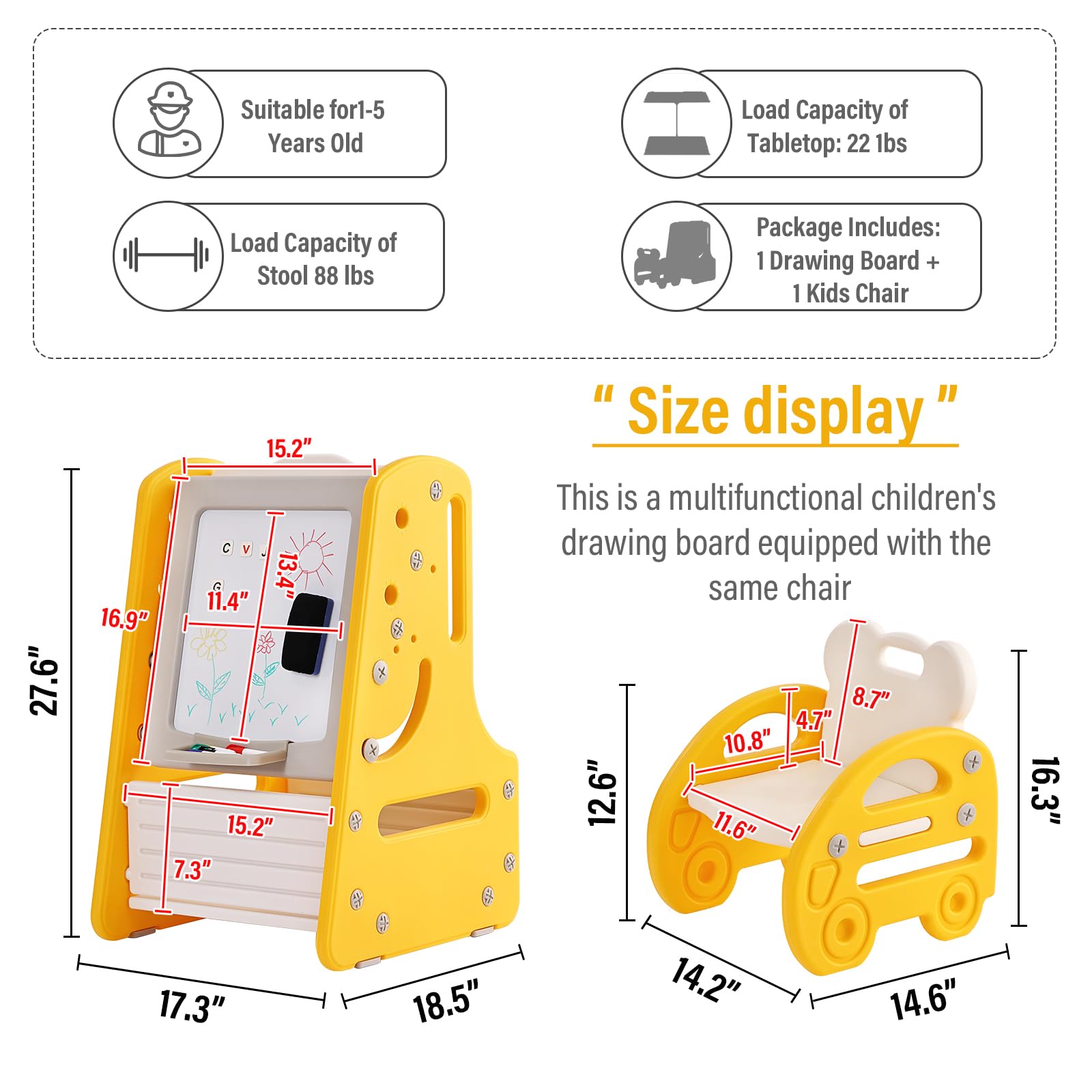 Tiita Kids Art Easel with Stool, 3 in 1 Double-Sided Magnetic Dry Erase Board and Kids Book Rack with Foldable Desktop, Standing Easel with Bottom Storage Shelf, Yellow