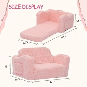 VINYUSE Toddler Couch, 2-in-1 Kids Toddler Soft Sherpa Couch, Convertible Sofa to Lounger, Fold Out Sofa Chair for Girls and Boys, Pink, M