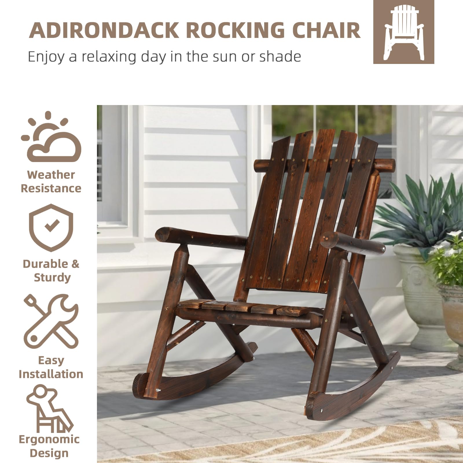 EPICOZY Outdoor Wooden Rocking Chair, Patio Rustic Adirondack Porch Rocker, All Weather Solid Wood Log Rocker Chair with High Back & Slatted Seat for Indoor, Backyard, Garden, Carbonized