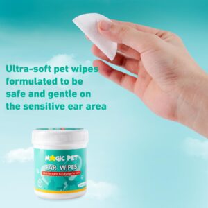 Magic Pet - Dog Ear Cleaner Wipes — 120 Grooming Wipes W/Aloe Vera & Eucalyptus — Gentle 99% Water Pet Ear Wipes for Odor & Wax Removal — Otic Dogs & Cats Ears Cleanser Itch-Free Pet Grooming Supplies