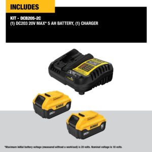 DEWALT 20V MAX Lithium-Ion Battery 2-Pack and Charger, 5.0 Ah, Battery Starter Kit (DCB205-2c)