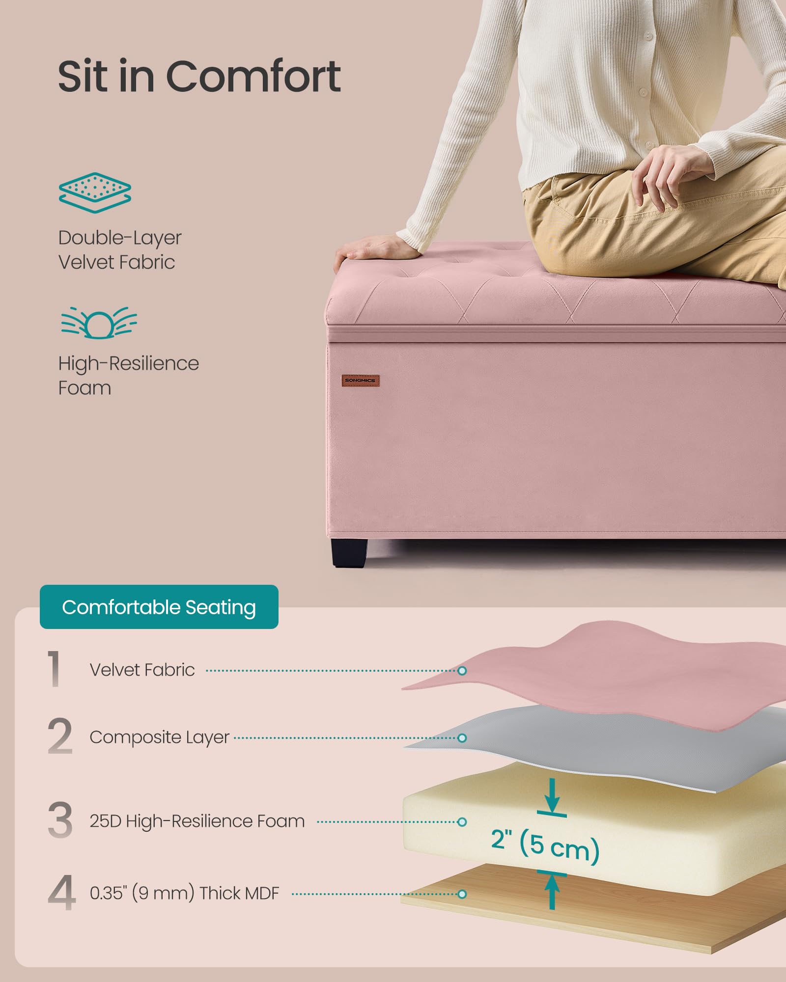 SONGMICS Velvet Storage Ottoman Bench, Foot Rest with Legs, 15.7 x 43 x 15.7 Inches, End of Bed Bench, Storage Chest, Load up to 660 lb, for Living Room, Bedroom, Entryway, Jelly Pink ULSF089R01