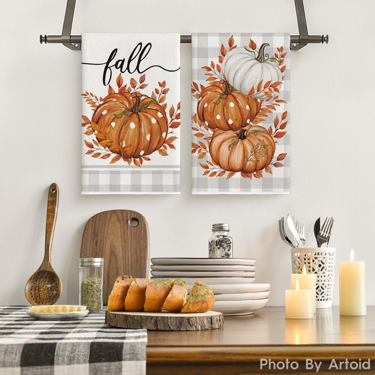 Artoid Mode Orange Buffalo Plaid Leaves Pumpkin Fall Kitchen Towels Dish Towels, 18x26 Inch Farmhouse Decoration Hand Towels Set of 2