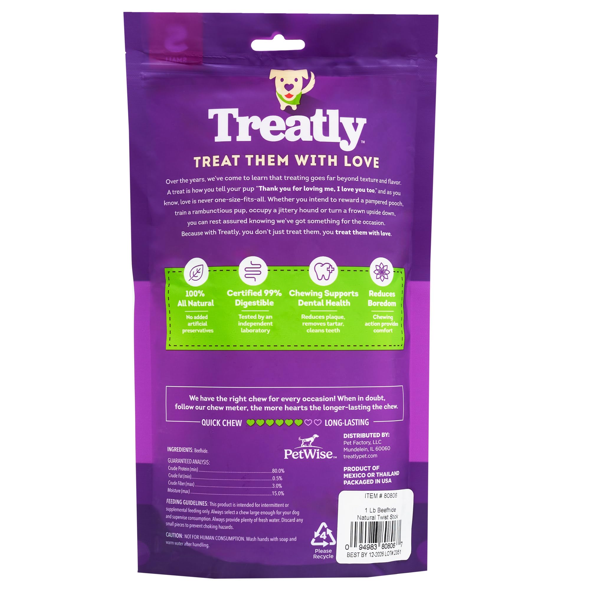 Treatly Beefhide Twist Sticks 5" Dog Chew Treats - Natural Flavor, 1 lb/1 Pack