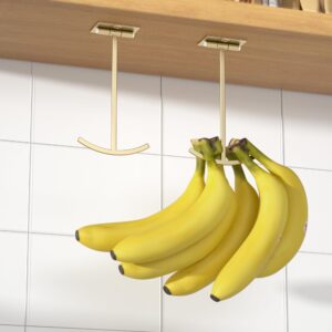 Josmimic Adhesive Banana Hook Under Cabinet: Banana Holder - Banana Hanger - Under Counter Banana Hanger - Folding Banana Hook, Folds Up When Not in Use, Keep Bananas Fresh - Gold - 2 Pack