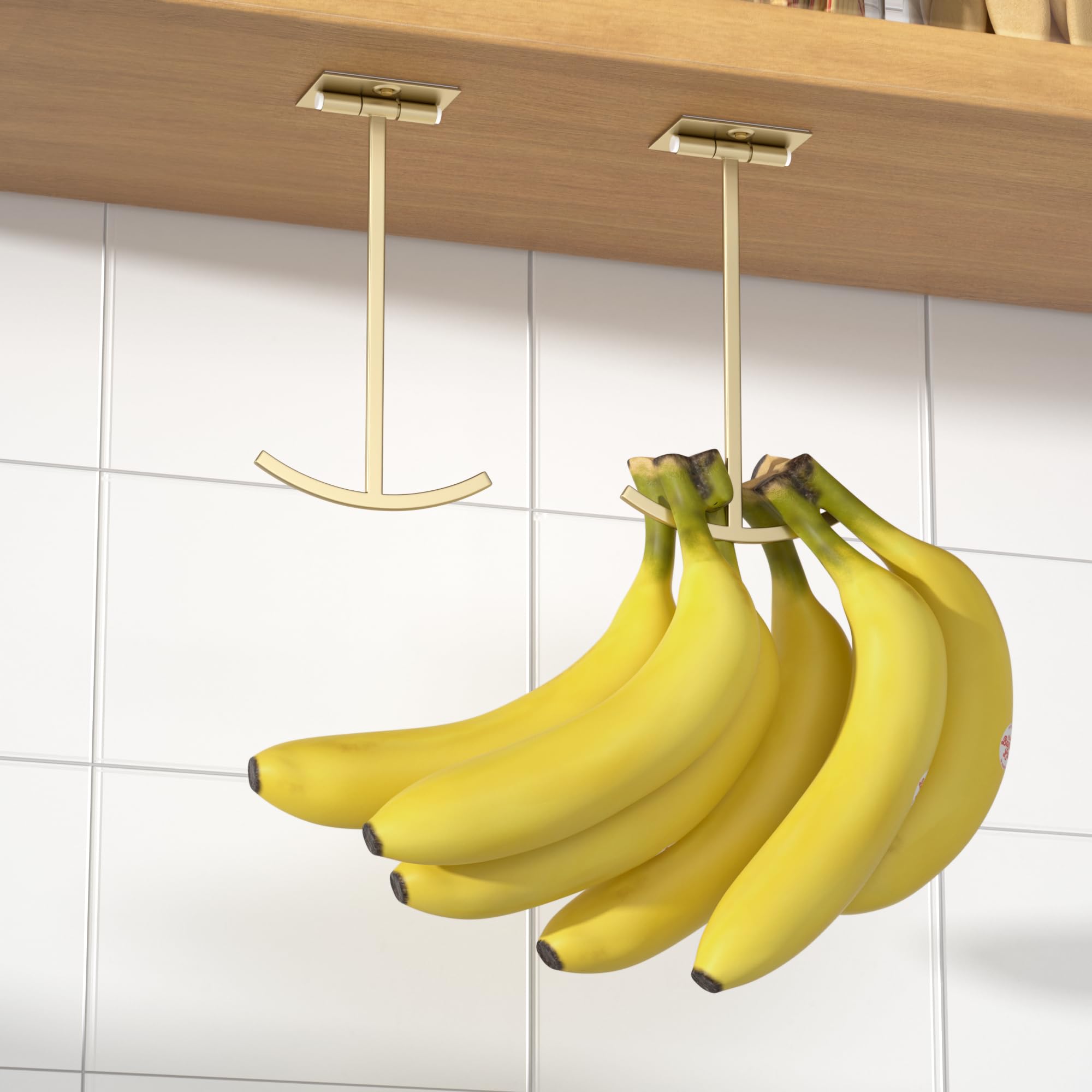 Josmimic Adhesive Banana Hook Under Cabinet: Banana Holder - Banana Hanger - Under Counter Banana Hanger - Folding Banana Hook, Folds Up When Not in Use, Keep Bananas Fresh - Gold - 2 Pack