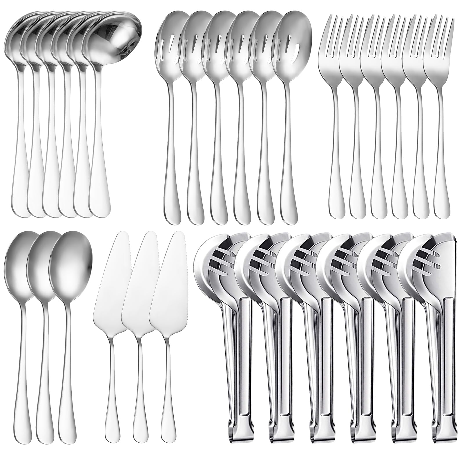 30 Pcs Stainless Steel Metal Serving Utensils Set with Slotted Serving Spoons, Serving Forks, Serving Tongs, Ladles and Pie Servers for Catering/Buffet/Chafing Dish (Silver)