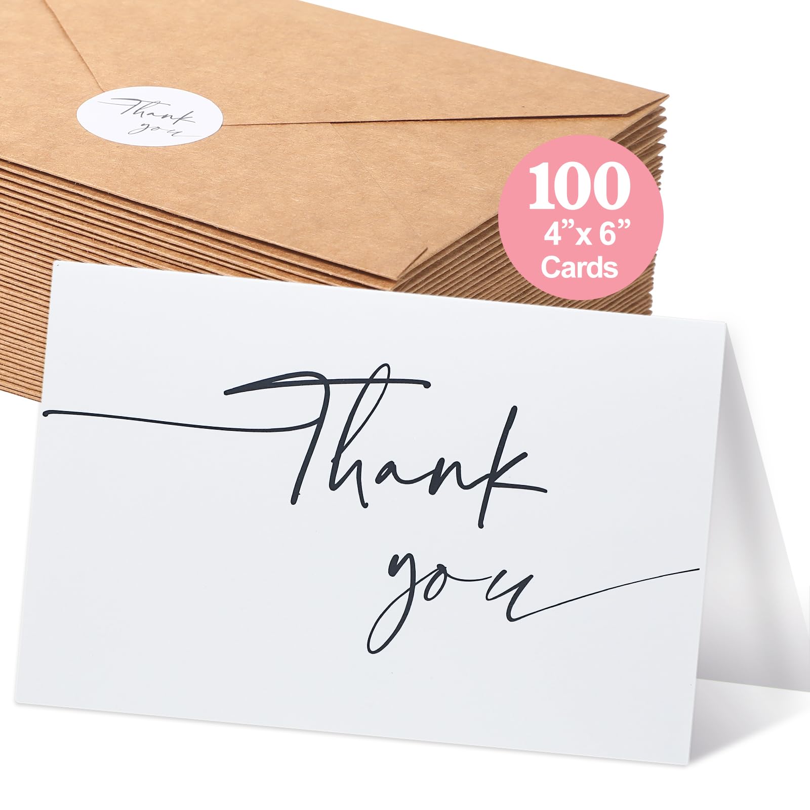 miikoul 100 Pieces Thank You Cards with Kraft Envelopes & Stickers 4x6 Inch Minimalistic Design Bulk Thank You Note for Thanksgiving Day,Baby Shower, Wedding,Business, Doctor,Teachers