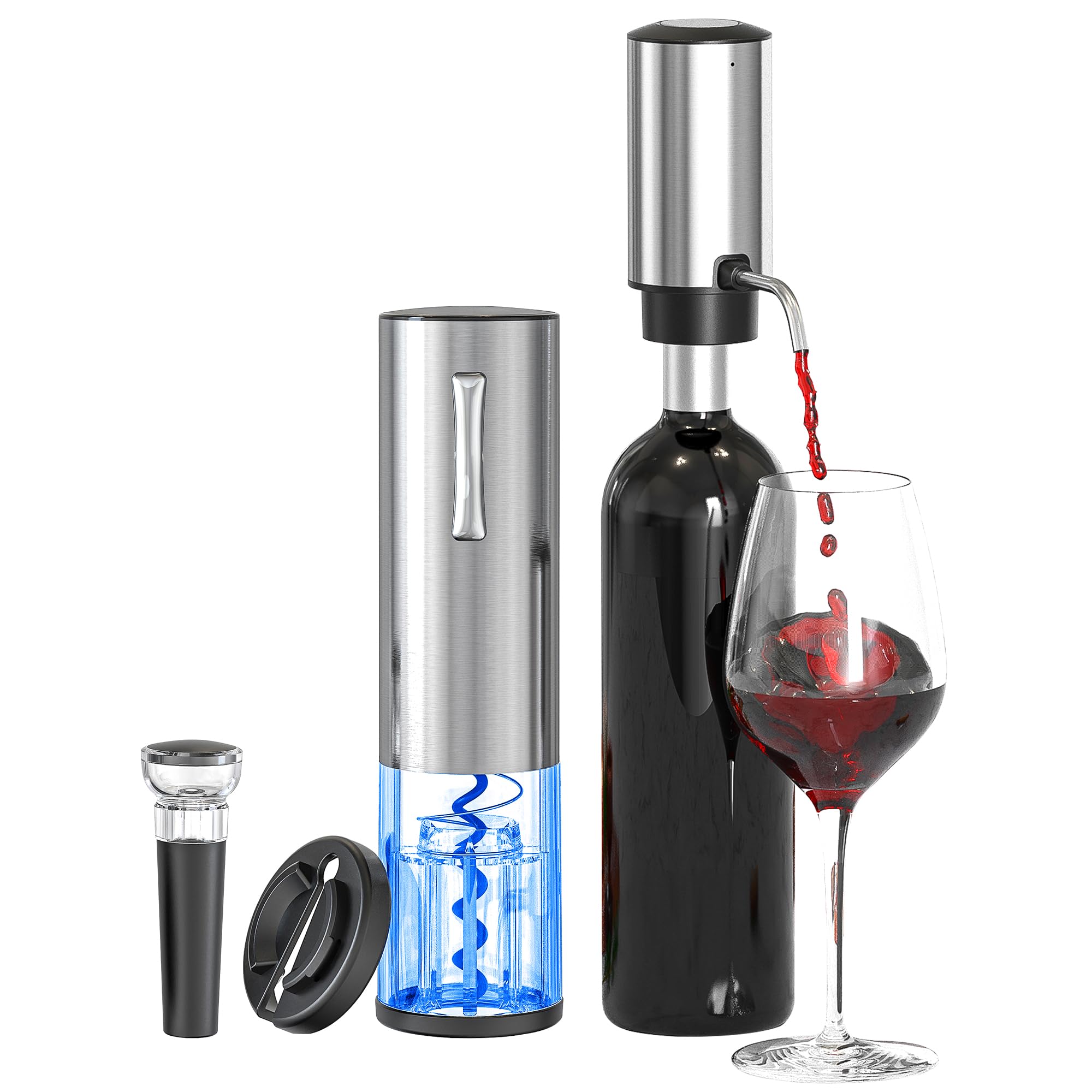 BGFOX 4 in 1 Electric Wine Bottle Opener Gift Set - Rechargeable Automatic Wine Bottle Corkscrew Opener with Wine Dispenser Aerator, Vacuum Stopper and Foil Cutter, Stainless Steel