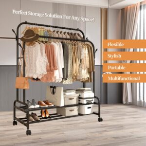 Antiwar Sturdy Metal Double Rodding Clothes Rack With Wheels, Portable Clothing Rack With Shelves & Hooks, Heavy Duty Garment Racks for Hanging Clothes, Multi-Functional Closet Rack for Bedroom, Black