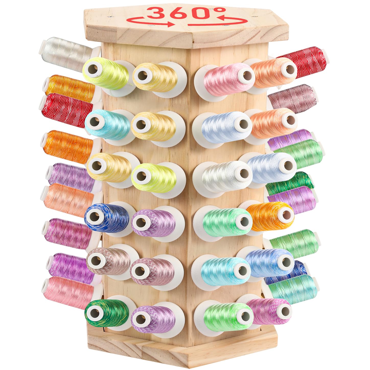 Hexagon Wooden Thread Holder Stand, 72-Spools Embroidery Thread Organizer, Smooth Wood Thread Racks for Spools of Thread and Bobbins - Quilting and Sewing Thread Storage(360° Rotating)