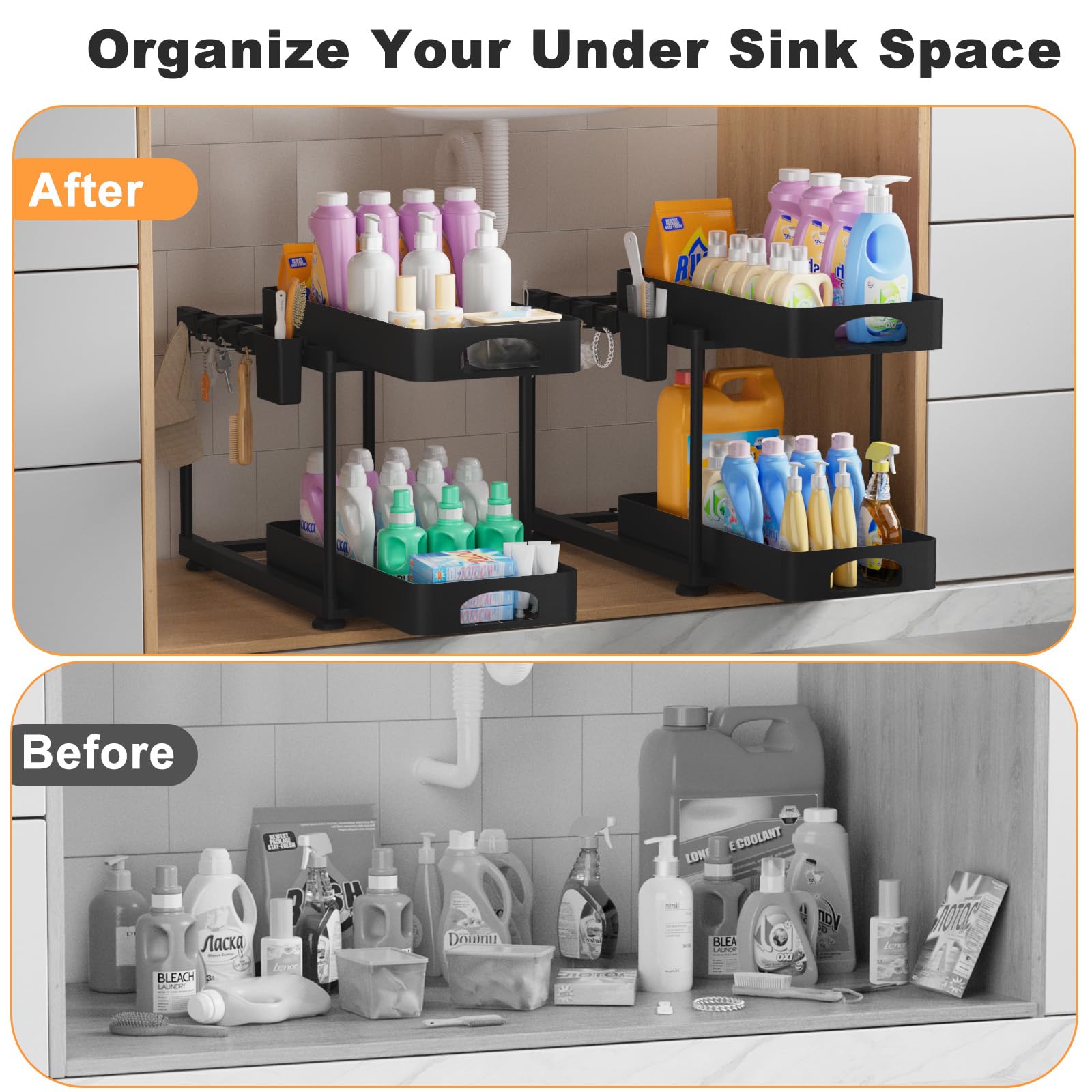 COYACOOL 2 Pack Double Sliding Under Sink Organizers and Storage, 2 Tier Bathroom Cabinet Organizer with 2 Hanging Cup & 8 Hooks, Multi-Purpose Under Sink Storage Rack for Bathroom, Black