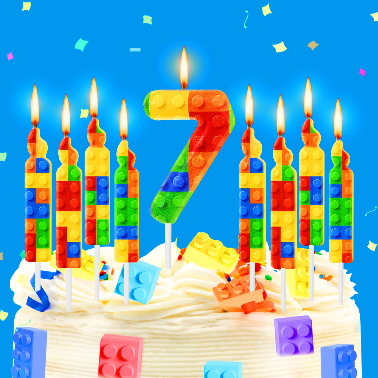 MTLEE 9 Pcs Building Block Candles Number 1-9 Building Block Birthday Candle Numeral Birthday Cake Topper Cupcake Candles for Building Block Birthday Decoration Party Supplies (Number 7)