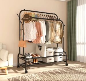 antiwar sturdy metal double rodding clothes rack with wheels, portable clothing rack with shelves & hooks, heavy duty garment racks for hanging clothes, multi-functional closet rack for bedroom, black