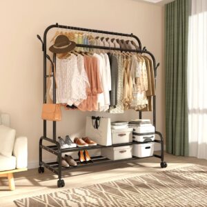 Antiwar Sturdy Metal Double Rodding Clothes Rack With Wheels, Portable Clothing Rack With Shelves & Hooks, Heavy Duty Garment Racks for Hanging Clothes, Multi-Functional Closet Rack for Bedroom, Black