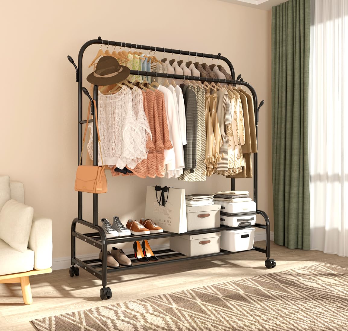 Antiwar Sturdy Metal Double Rodding Clothes Rack With Wheels, Portable Clothing Rack With Shelves & Hooks, Heavy Duty Garment Racks for Hanging Clothes, Multi-Functional Closet Rack for Bedroom, Black