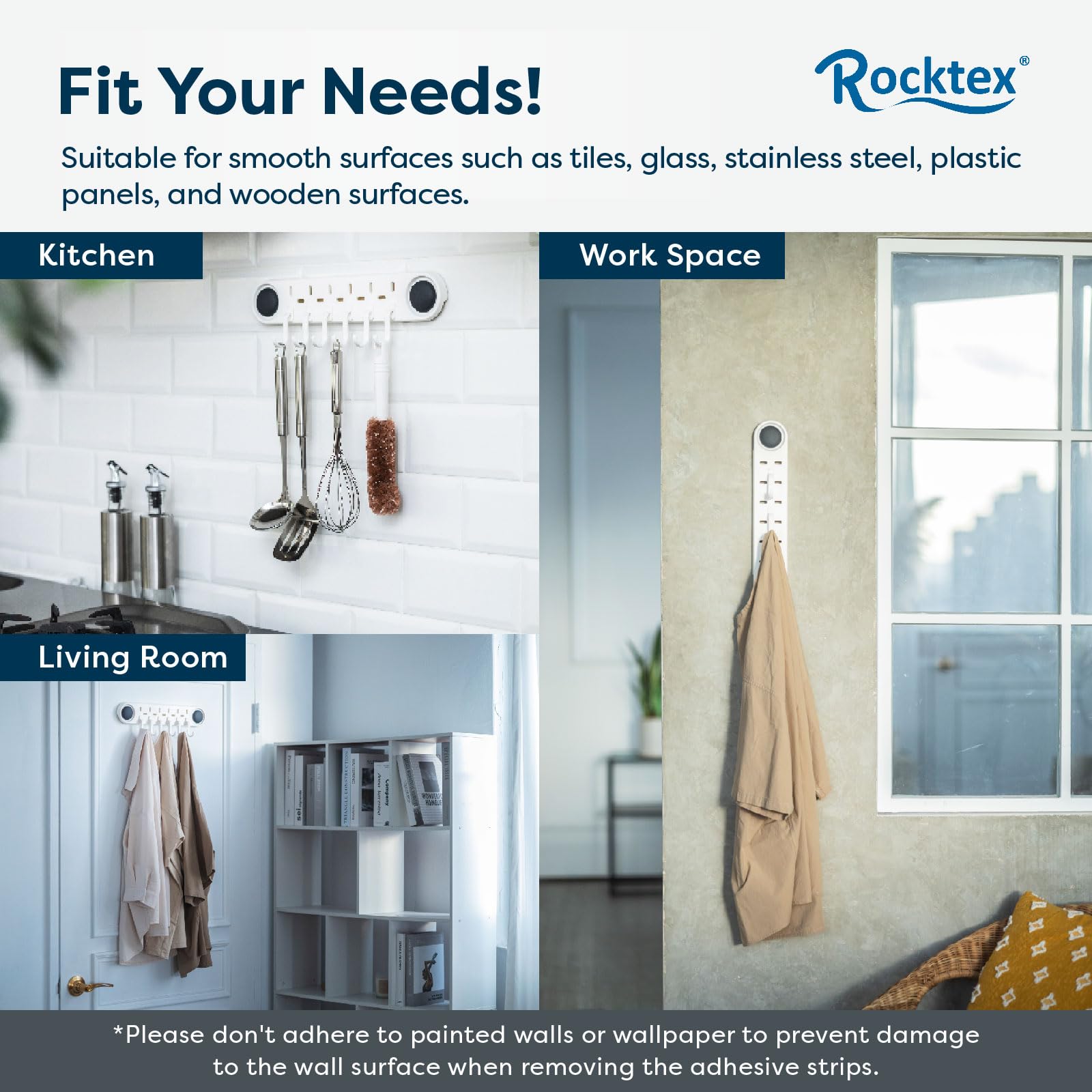 Rocktex No-Drill Hooks - White Self Adhesive Wall Hanging Hooks, Heavy Duty 4.4 lbs, Easy Installation, Versatile Vertical or Horizontal Options with 6 Adjustable Hooks for Wall, Bathroom, Kitchen