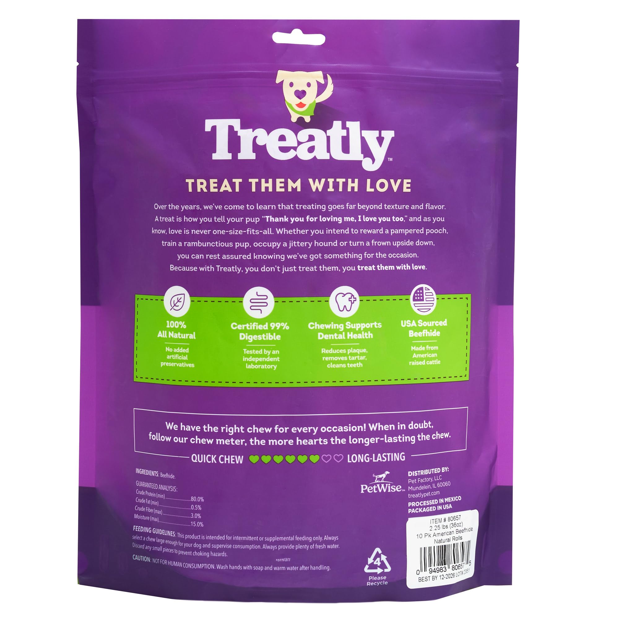 Treatly American Sourced Beefhide Rolls 8-9" Dog Chew Treats - Natural Flavor, 10 Count/1 Pack