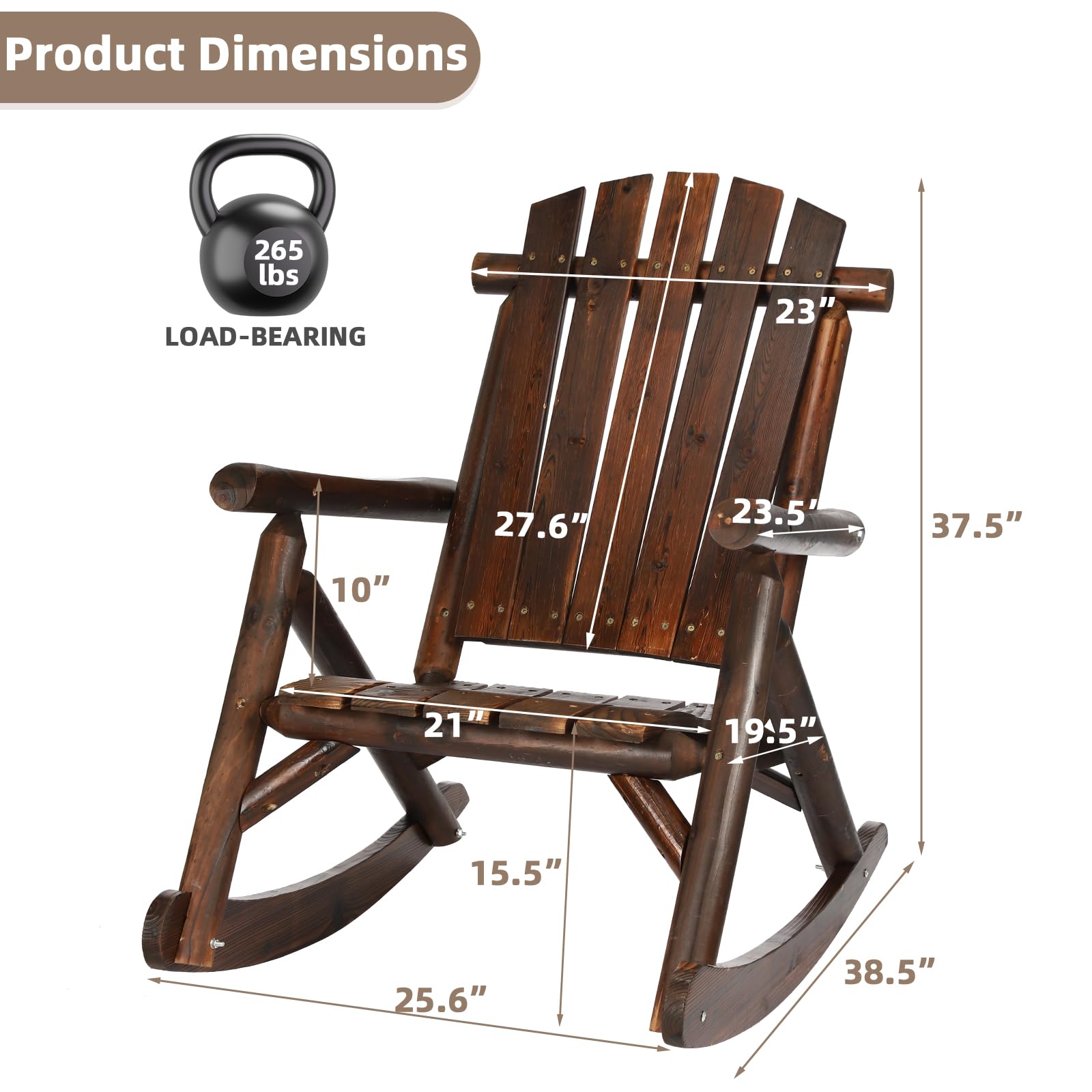 EPICOZY Outdoor Wooden Rocking Chair, Patio Rustic Adirondack Porch Rocker, All Weather Solid Wood Log Rocker Chair with High Back & Slatted Seat for Indoor, Backyard, Garden, Carbonized