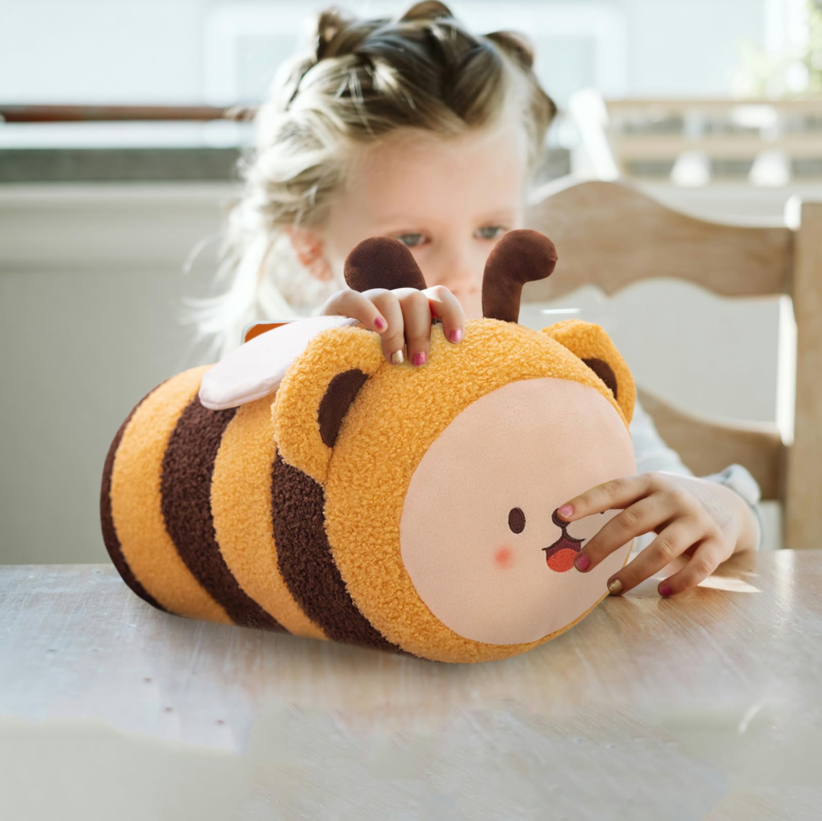 Cute Bee Stuffed Animal Toy Plush Pillow, Kawaii Plushies Cylindrical Body Pillow Stuffed Toy, Super Soft Cartoon Hugging Toy Gifts for Bedding, Kids & Girls Sleeping (Yellow,Small - 11 inch)