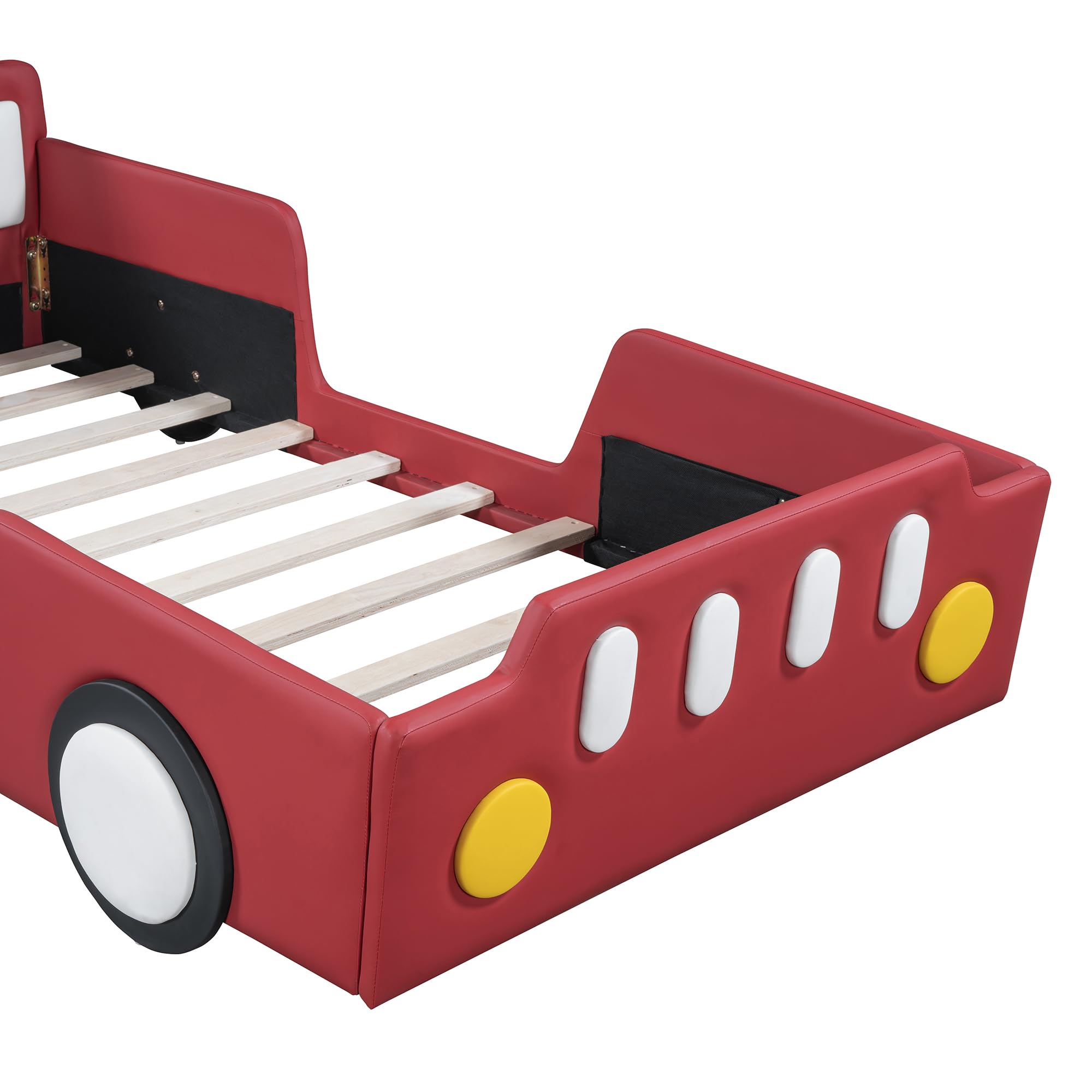 Harper & Bright Designs Twin Size Race Car-Shaped Bed Frame with Wheels for Kids, PU Leather Wooden Twin Platform Bed with Wood Slat Support, No Box Spring Needed,Red