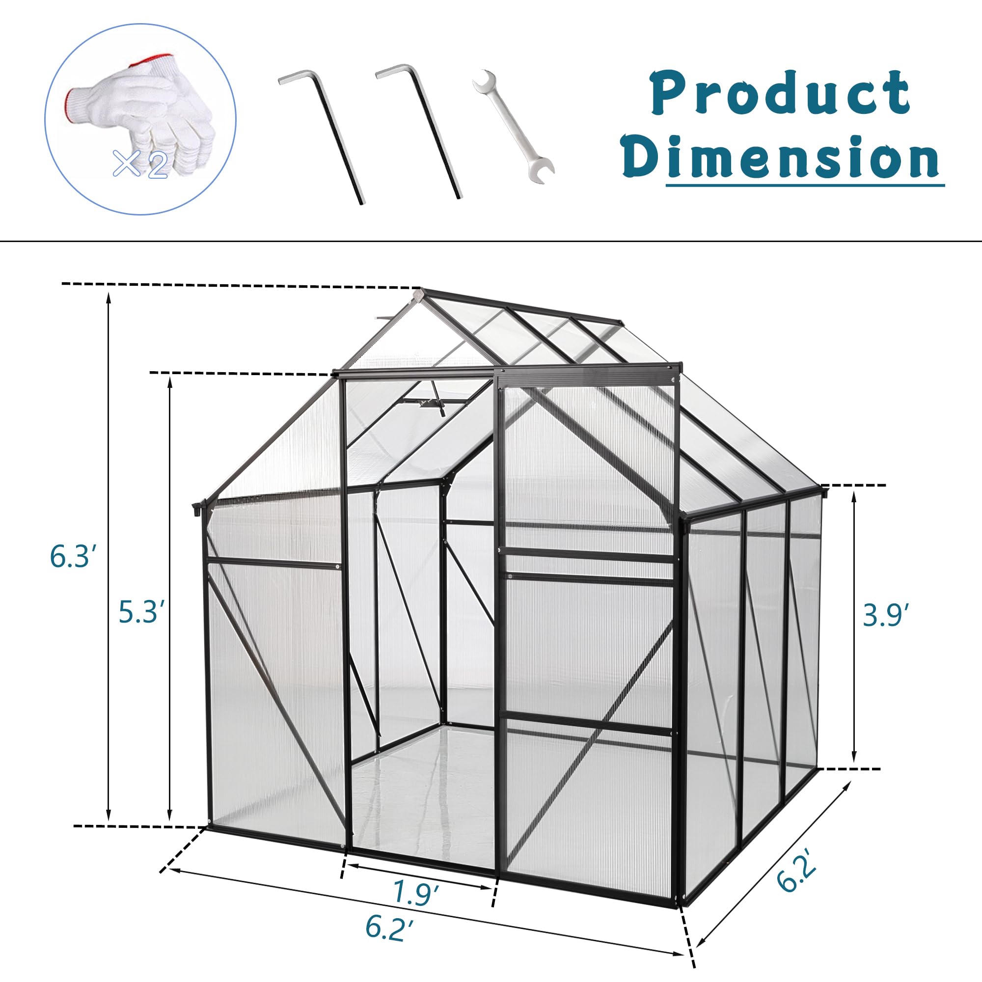 LUSPAZ 6x6ft Black Polycarbonate Greenhouse with Raised Base and Anchor Heavy Duty Aluminum Walk-in Greenhouse for Outdoor Backyard All Season Gardening Solution