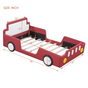 Harper & Bright Designs Twin Size Race Car-Shaped Bed Frame with Wheels for Kids, PU Leather Wooden Twin Platform Bed with Wood Slat Support, No Box Spring Needed,Red