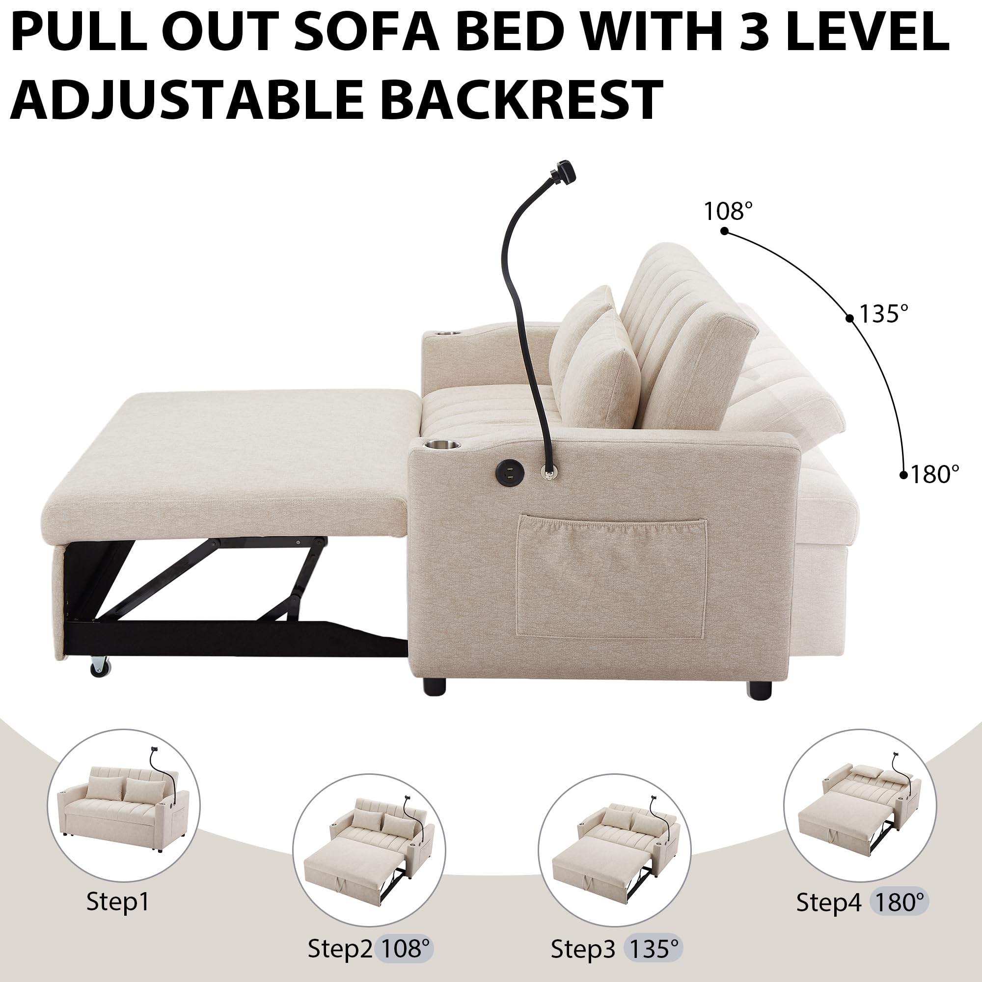 LUMISOL 3-in-1 Convertible Sleeper Sofa Bed, 55.9" Loveseat Pull Out Bed with USB Ports, Cup Holders, Swivel Stand & Storage Pockets, Modern Tufted Sofa Bed with Pillows, Beige